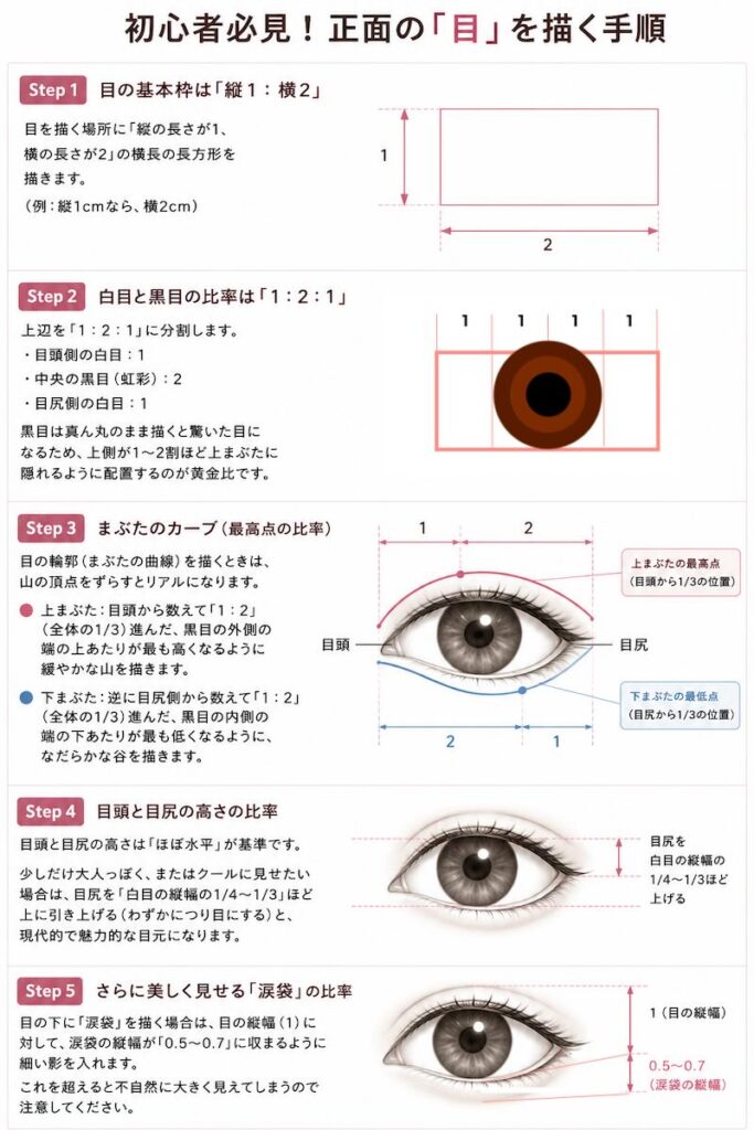 人物画初心者向け 正面の目を描く5ステップの手順図