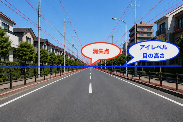 一点透視図法の道路写真に消失点とアイレベルを表示した図解。道路や建物の線が消失点へ集まり、その高さからアイレベル（目の高さ）がわかる初心者向け解説画像。