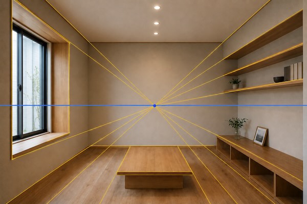 室内写真に消失点とアイレベルを表示した一点透視図法の解説図。床や棚、窓枠の線が消失点へ集まり、その高さからアイレベル（目線の高さ）がわかる初心者向け教材。