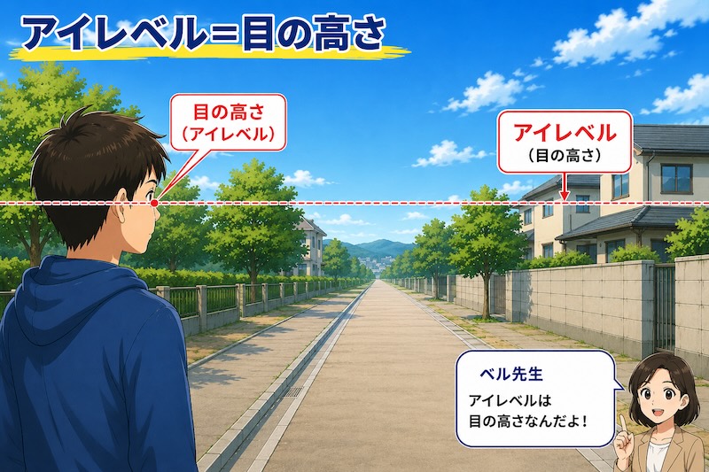 アイレベルとは目の高さを表す水平線であることを解説した図。道路の風景と人物を使い、目の高さとアイレベルの関係を初心者向けに説明している。