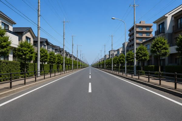 一点透視図法の練習に使う真っすぐな道路の写真。道路の両端や電柱、建物が奥に向かって並び、アイレベルや消失点を探す観察教材。