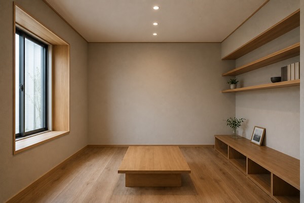 アイレベルを探す練習用の室内写真。壁と床の境目、壁と天井の境目、窓枠、棚、テーブルなどの直線が見える部屋で、消失点やアイレベルを観察する初心者向け教材。