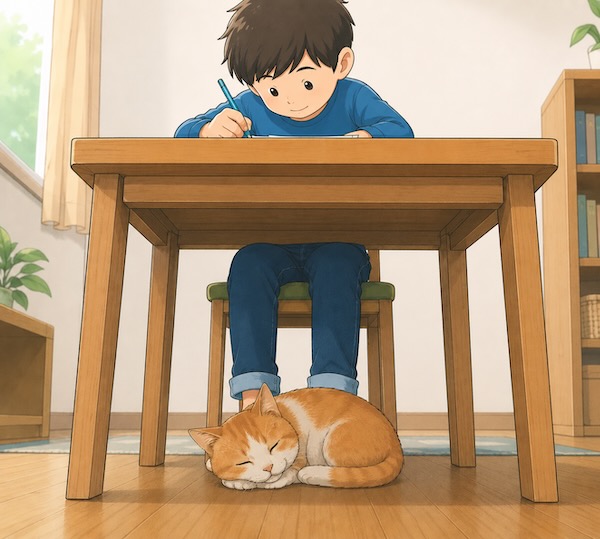 床に座った視点から見た室内の様子。男の子がお絵かきをしており、テーブルの天板は見えず、足元の床と猫がよく見える。アイレベルが低いと、物の上の面が隠れて、下側や足元が見えやすくなることを示している。しゃがんだり座ったりして目線が低くなると、テーブルの上面は見えなくなり、下側や足元がよく見えるようになります。アイレベルが低い位置にあると、このような景色になります。