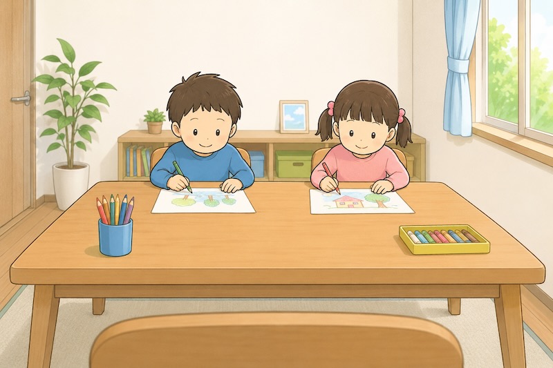 立った目線から見た室内の様子。テーブルの向こう側で男の子と女の子がお絵かきをしており、アイレベルが高い位置にあるとテーブルの天板が広く見えることを表している。