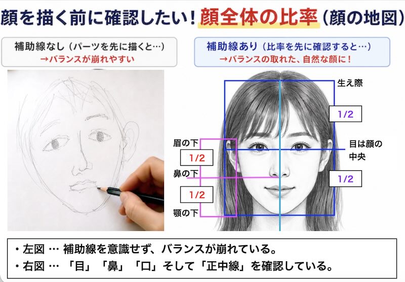 人物画の顔の描き方 正中線と目鼻口の位置関係を確認する顔の地図