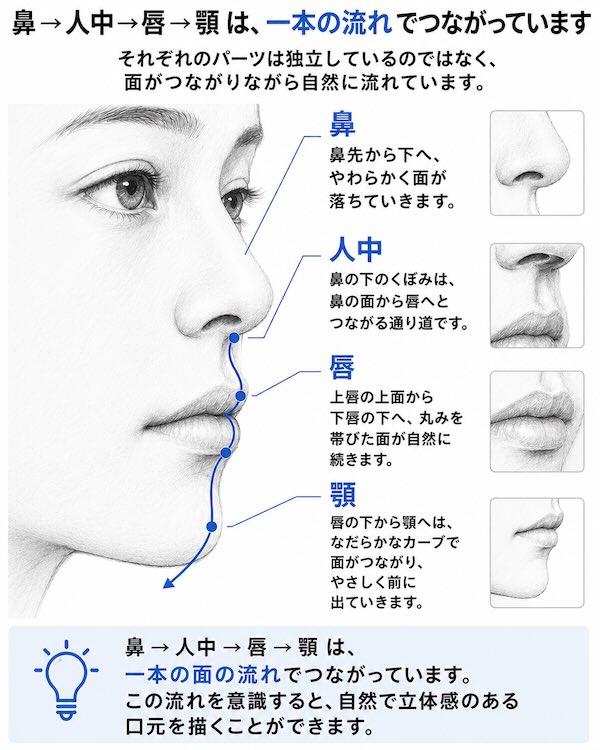 人物画における鼻から人中、唇、顎へ続く面の流れを解説した図