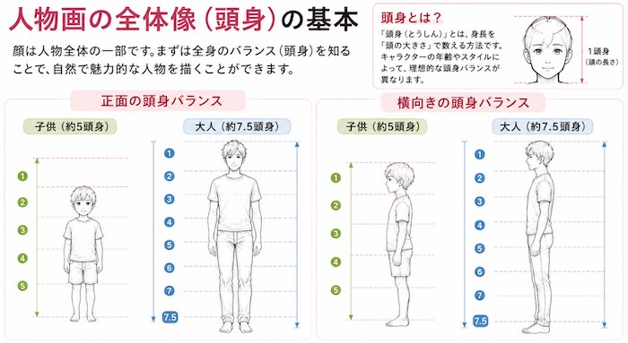 人物画における子供と大人の頭身比較図