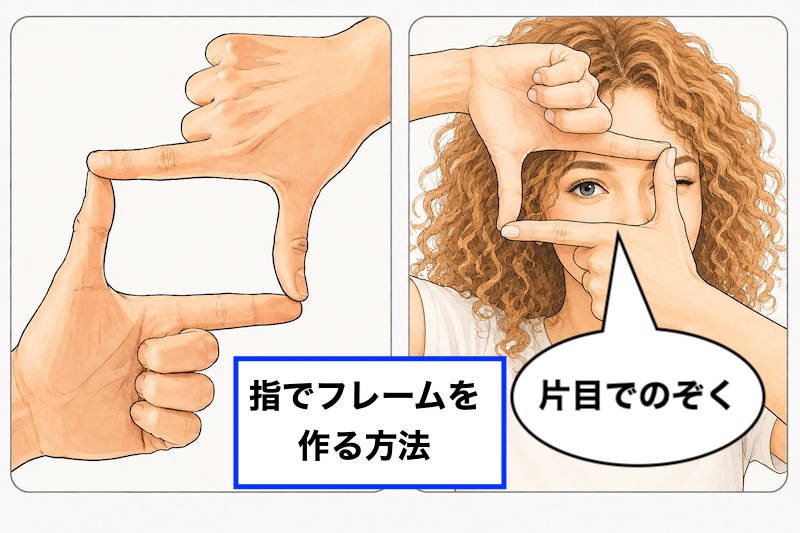 両手の親指と人差し指で四角い窓を作り、描きたい風景を切り取るフレーミングの方法を解説したイラスト。