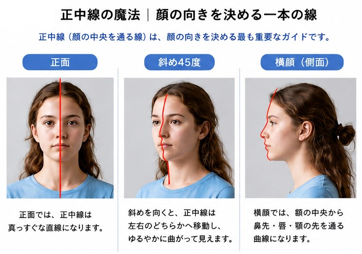 人物の顔の描き方における正中線の位置。正面・斜め45度・横顔の違いを解説した図