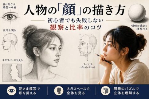 人物画の顔の描き方 正中線 比率 ネガスペース 明暗の観察方法を解説するアイキャッチ画像