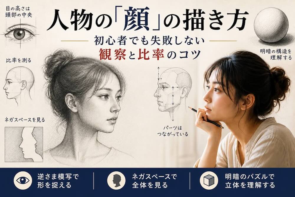 人物画の顔の描き方 正中線 比率 ネガスペース 明暗の観察方法を解説するアイキャッチ画像
