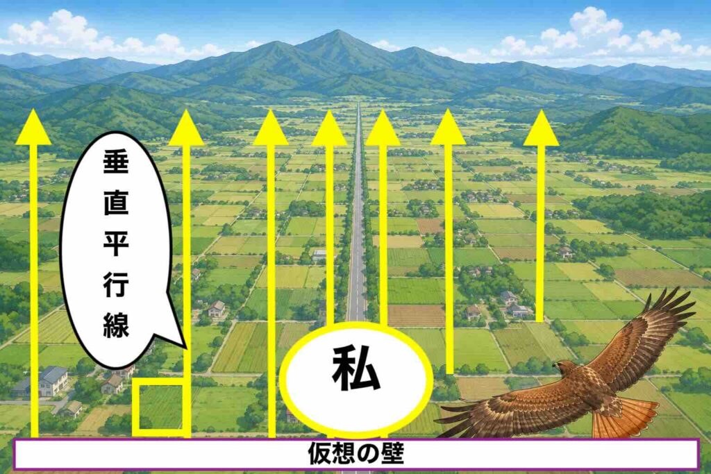 一点透視図法で消失点を見つけるための考え方を解説した図。背中の仮想の壁から前方へ伸びる平行線が消失点へ集まる仕組みを初心者向けに説明している。