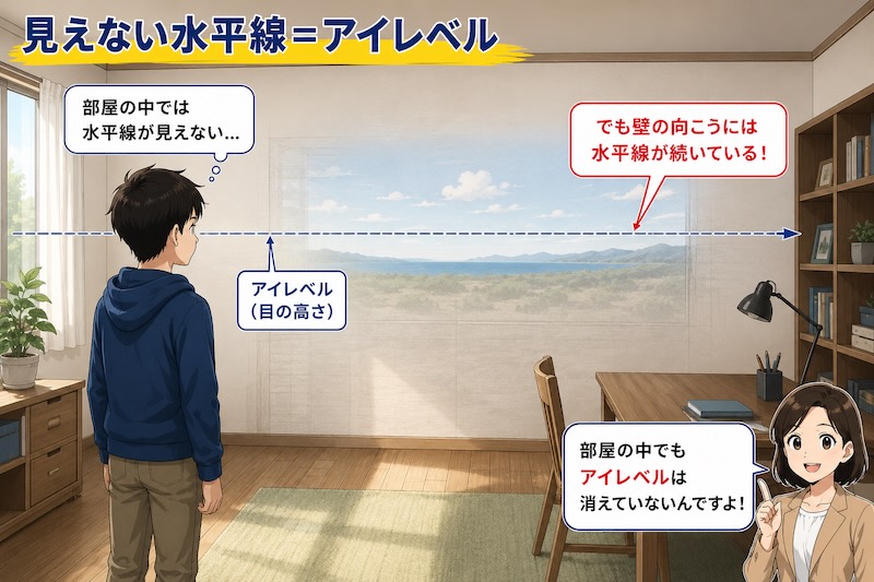 部屋の中のアイレベルを解説した図。壁の向こうに続く見えない水平線をイメージしながら、室内でもアイレベルが存在することを初心者向けに説明している。