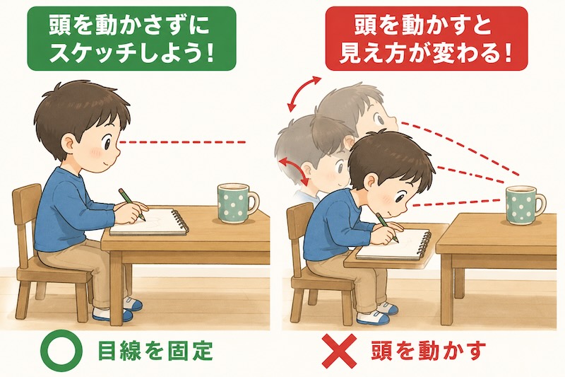 頭を固定してスケッチする場合と、頭を動かしながらスケッチする場合を比較した図。頭の位置を固定するとモノの見え方が安定し、アイレベルを意識した観察がしやすくなることを解説している。