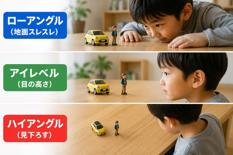 ミニカーやフィギュアを使って、ローアングル・アイレベル・ハイアングルの見え方を比較した図。目線の高さによって景色の印象が大きく変化することを体感するトレーニングを解説している。