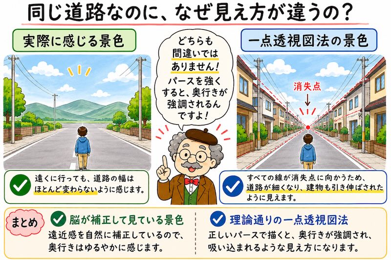 実際に感じる景色と一点透視図法の景色を比較した図。左は脳が遠近感を補正して見ている自然な景色、右は消失点へ向かって線が収束する一点透視図法の景色で、パースのワープ現象を解説している。