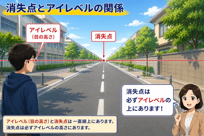 テキスト一点透視図法における消失点とアイレベルの関係を解説した図。道路の風景を使い、人物の目の高さ（アイレベル）と消失点が同じ高さにあることを初心者向けに説明している。