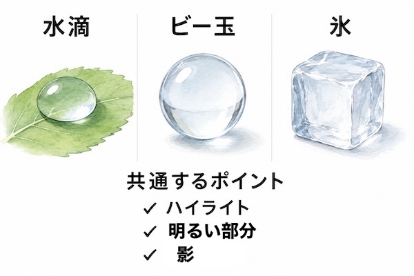 水滴、ビー玉、氷を比較しながら透明感に共通するハイライトと光と影の特徴を解説した図