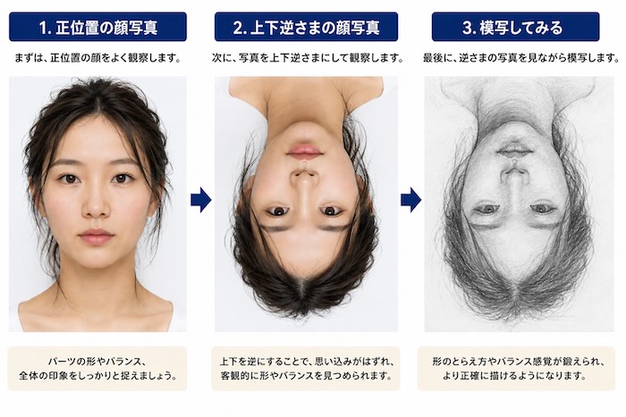 人物画の観察力を鍛える逆さま模写の練習方法を解説した図