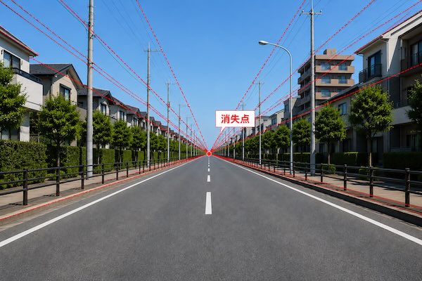 一点透視図法の道路写真に補助線を引き、道路や建物の線が中央の消失点へ集まる様子を示した図解。アイレベルと消失点の関係を学ぶ初心者向け教材。