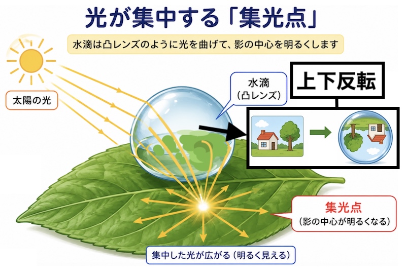 水滴が凸レンズのように光を集めて集光点を作り、景色を上下反転して映す仕組みの図解