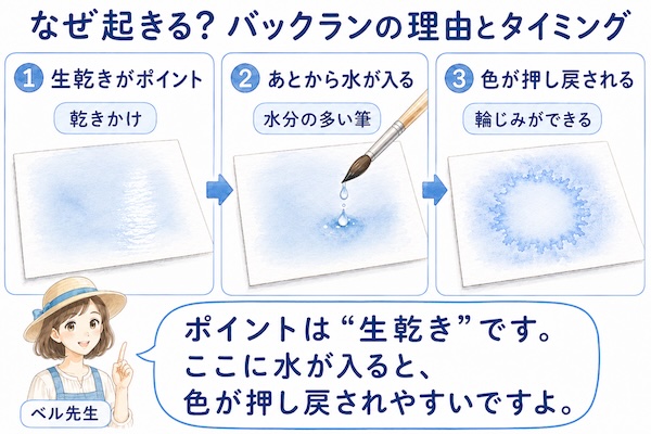 透明水彩のバックランは、紙が生乾きの状態のときに、水分の多い筆や薄い絵の具があとから入ることで起こりやすくなります。後から入った水が、先に置いた色を押し戻し、輪じみのような模様を作ります。