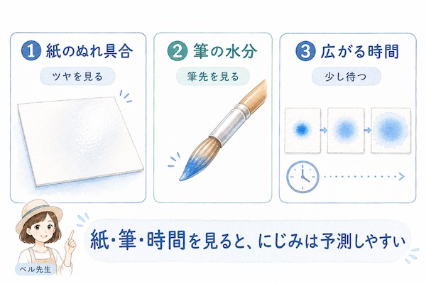 透明水彩のにじみは、完全な偶然ではありません。紙のぬれ具合、筆の水分、広がる時間の3つを見ることで、にじみ方をある程度予測しやすくなります。