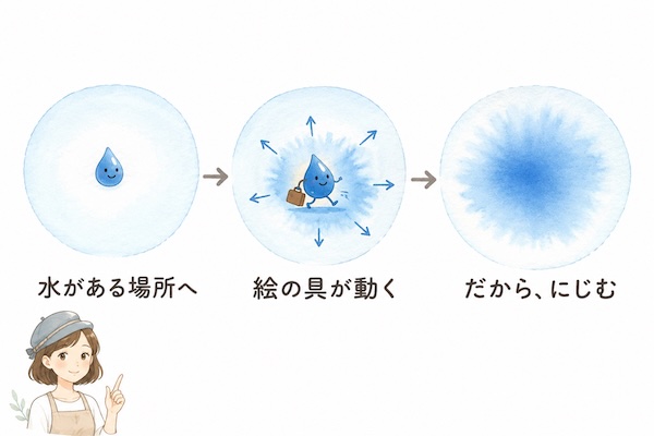 水でぬれた場所に絵の具を落とすと、絵の具は水のある範囲へゆっくり広がっていきます。にじみは、絵の具が水の動きに合わせて移動することで生まれます。