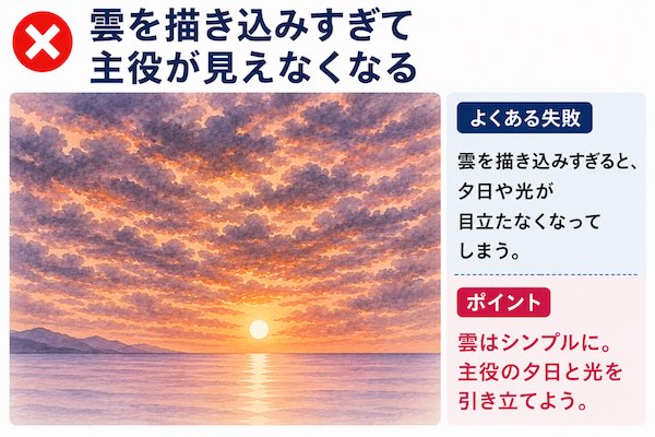 透明水彩で夕暮れの海を描く方法|雲を描き込みすぎて夕日やサンロードが目立たなくなってしまう失敗例を解説した図