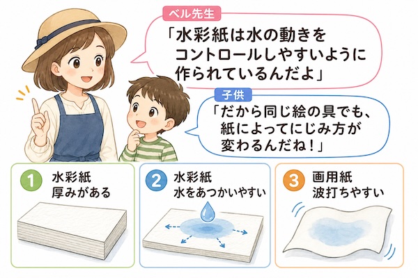 水彩紙は、厚みがあり、水をふくみやすく、絵の具の広がりをコントロールしやすい紙です。一方、画用紙は波打ちやすいため、透明水彩では仕上がりに差が出やすくなります。