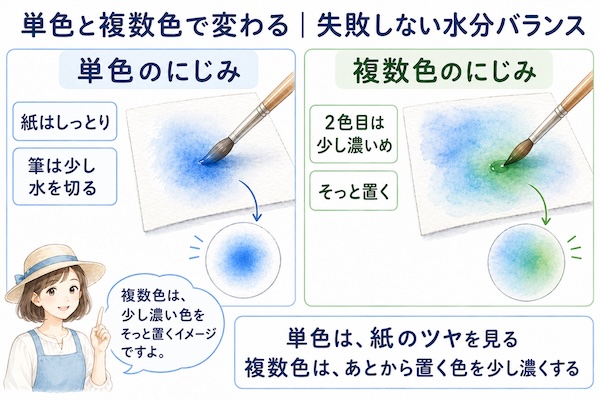 透明水彩のにじみでは、単色と複数色で水分バランスの考え方が変わります。単色のにじみは、しっとりした紙に、少し水気を切った筆で色を置くと自然に広がります。複数色のにじみでは、あとから置く色を少し濃いめにすると、色を押し戻しにくく、やわらかくなじみやすくなります。