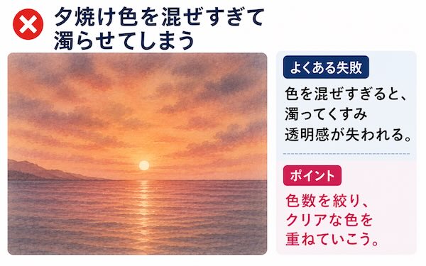 透明水彩で夕暮れの海を描く方法|夕焼け色を混ぜすぎて濁らせてしまう失敗例と透明感を保つコツを解説した図