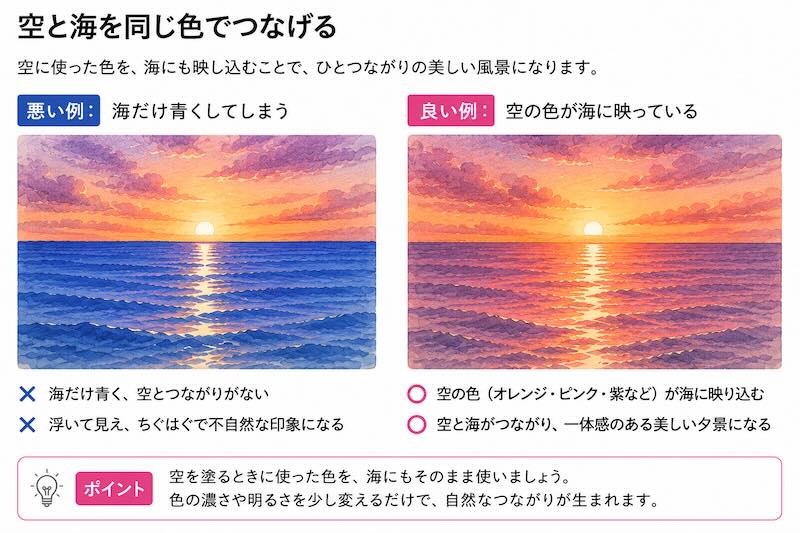 透明水彩で夕暮れの海を描くときの色の考え方|空の色を海へ映し込む比較図
