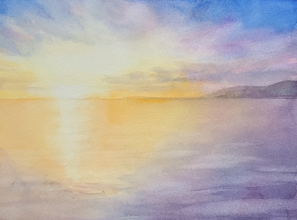 透明水彩で描いた夕暮れの海の完成イメージ。空の色が海へ映り込み、サンロードが静かに輝く穏やかな夕景を表現した作品。