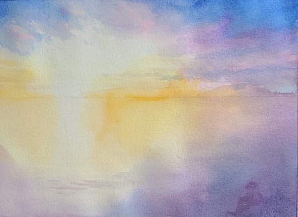 透明水彩で夕暮れの海を描く途中工程。空の色を海へ映し込みながら、サンロードの位置を残して全体の色の流れを整えている第二段階。