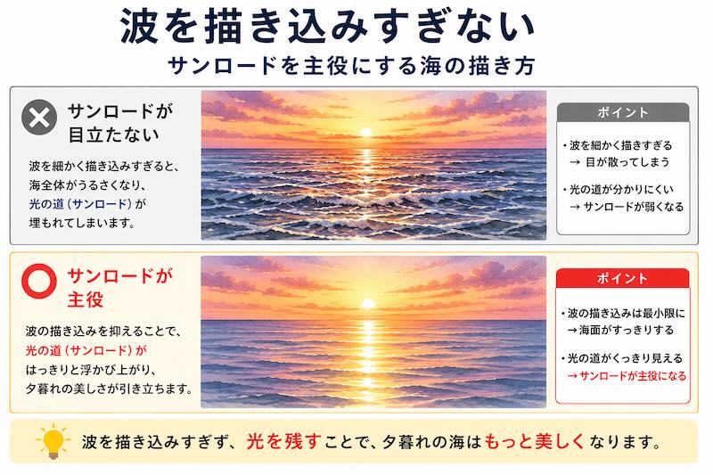 透明水彩で夕暮れの海を描く方法|波を描き込みすぎた失敗例と、サンロードを主役にした成功例の比較図