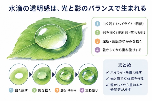 透明水彩で水滴を描く手順と透明感を生み出すポイントをまとめた図解