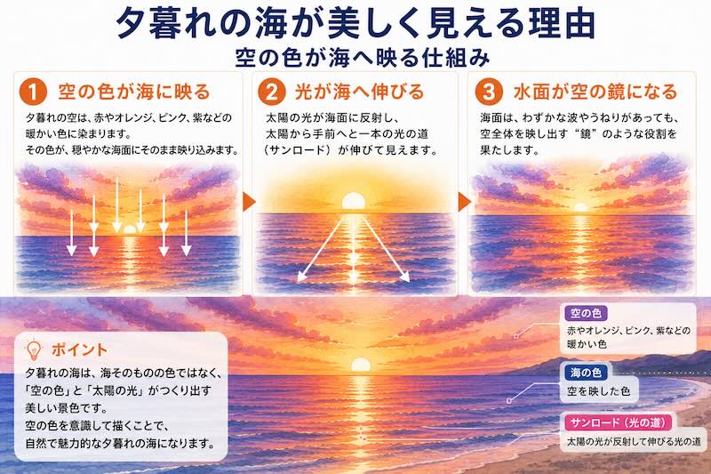 透明水彩で夕暮れの海が美しく見える理由|空の色が海へ映りサンロードが現れる仕組みの図解
