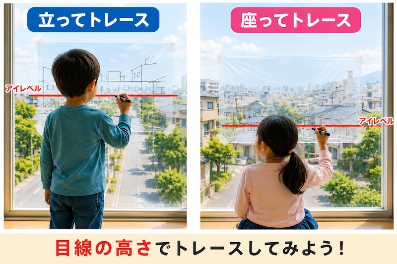 窓ガラスに透明シートを貼り、立った状態と座った状態で景色をトレースする比較図。目線の高さによってアイレベルの位置が変化し、景色の見え方が異なることを解説している。
