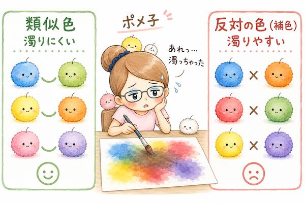 透明水彩のにじみで、類似色は濁りにくく、補色は混ぜすぎると濁りやすいことをポメ子とモップーで説明した図