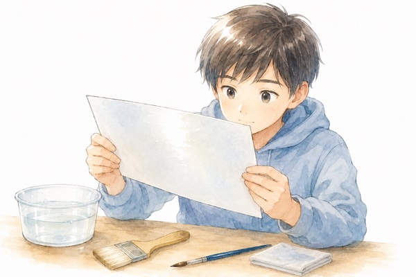 透明水彩のにじみを始める前に、男の子が水彩紙を斜めから見て紙のツヤを確認しているイラスト