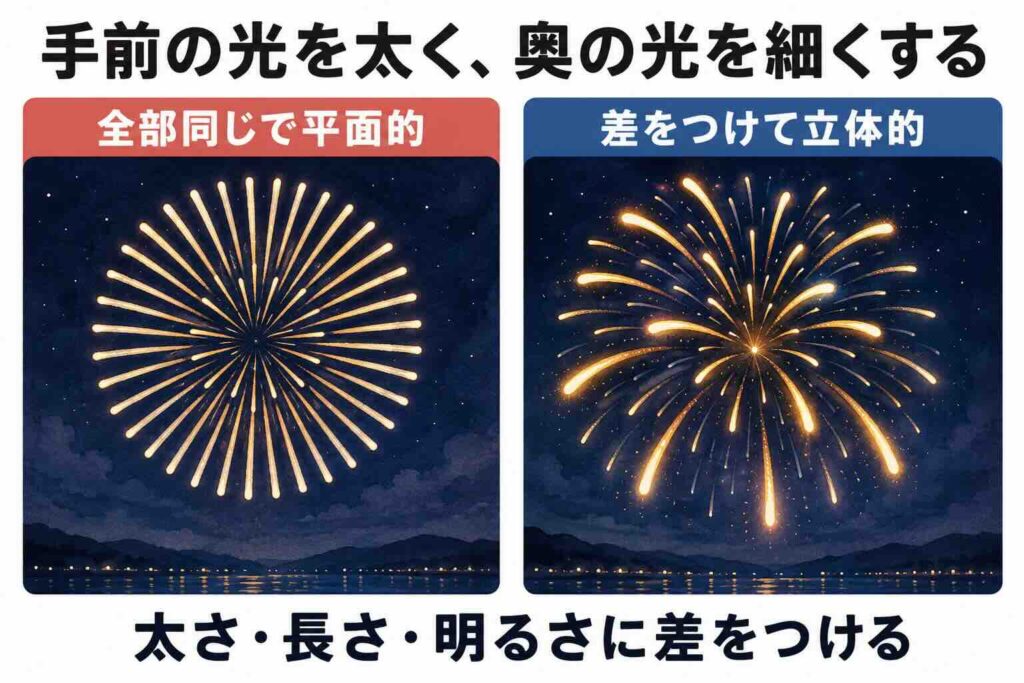 手前の光を太く明るく、奥の光を細く弱くして花火の立体感を出す比較図