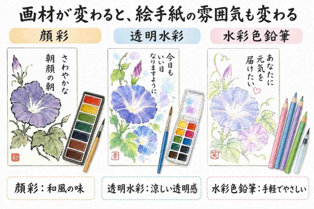 顔彩・透明水彩・水彩色鉛筆で描いた朝顔の絵手紙を比較し、画材による雰囲気の違いを説明した初心者向け解説図