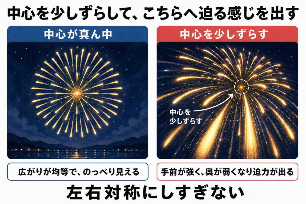 花火の中心を少しずらして平面的な花火と立体的な花火を比較した図