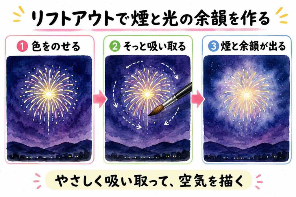 花火の周囲にリフトアウトで煙と光の余韻を作る方法を示した図