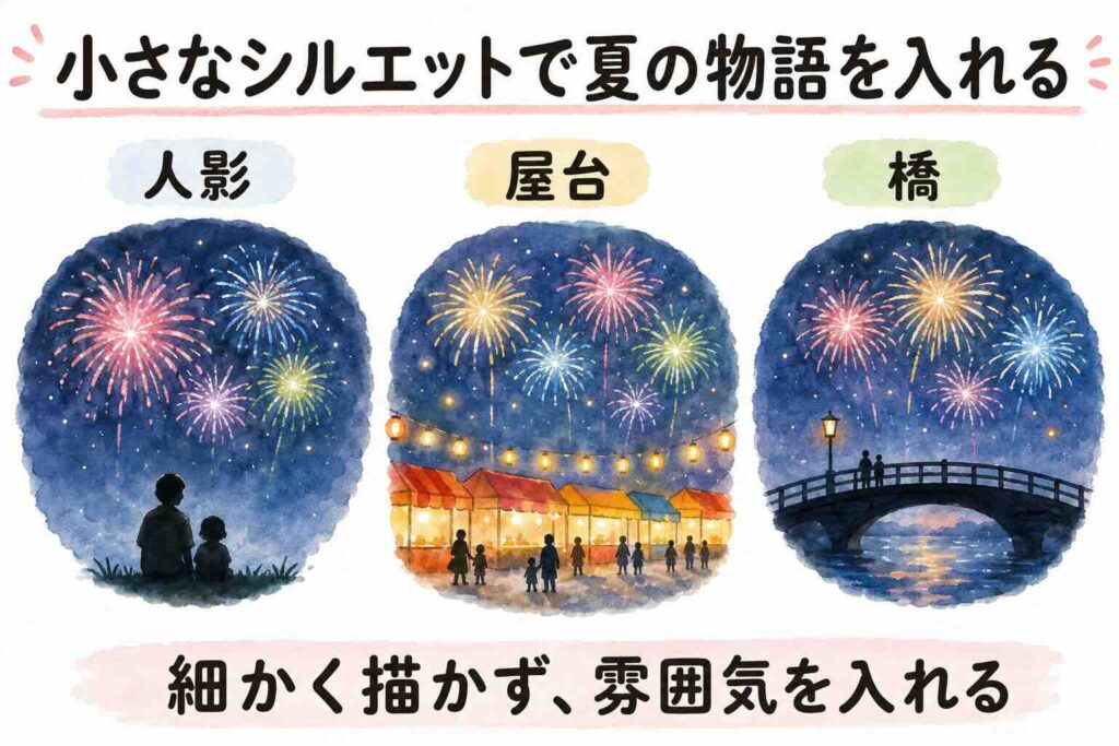 夏休みの宿題で花火の絵に人物や屋台のシルエットを入れる構図例