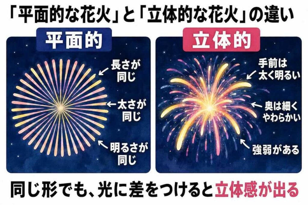 平面的な花火と手前に広がる立体的な花火の違いを説明した図