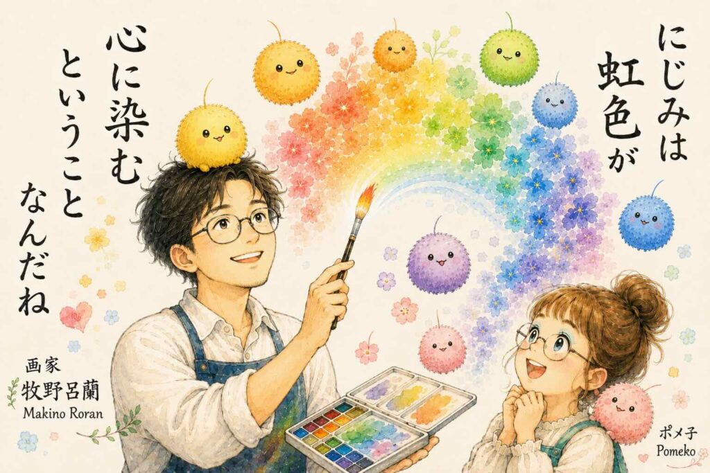 画家マキノロランが黄色のモップーを頭に乗せ、ポメ子さんと一緒に透明水彩のにじみの虹を見上げているイラスト