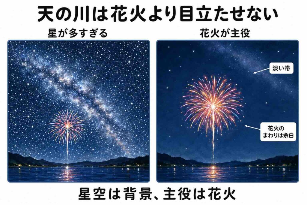 花火を主役にして天の川を淡く配置する構図の説明図