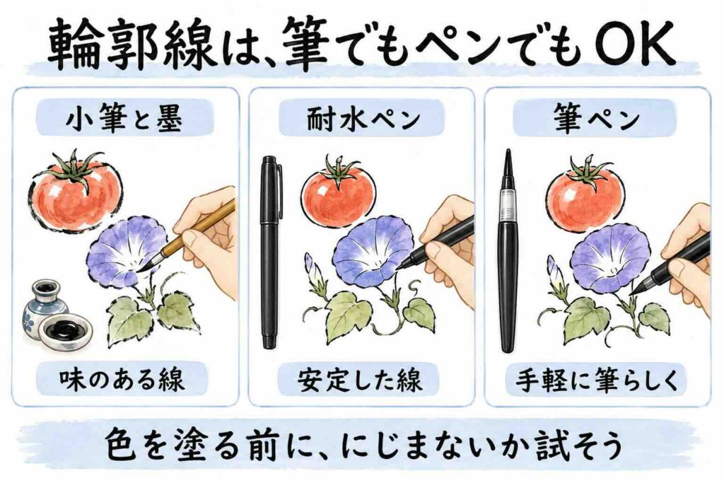 絵手紙の輪郭線を、小筆と墨・耐水ペン・筆ペンで描き分けた比較図